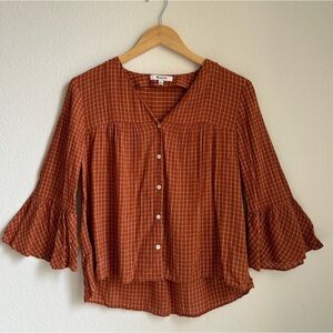 Madewell Orange Checkered 3/4 Sleeve Blouse SZ S